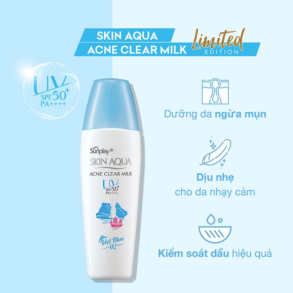 Sữa chống nắng dưỡng ẩm, ngừa mụn, kiềm dầu Sunplay Skin Aqua ACNE CLEAR MILK SPF50+ PA++++ 25g