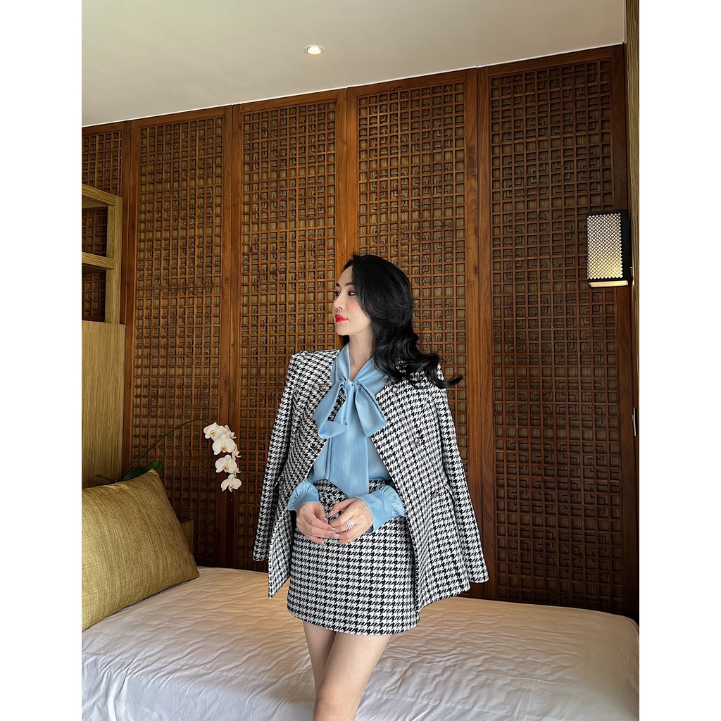 Set dạ tweed, set dạ NKN Amina màu kẻ xanh đen trắng, thiết kế dáng chiết eo tôn dáng, chất dạ tweed cao cấp