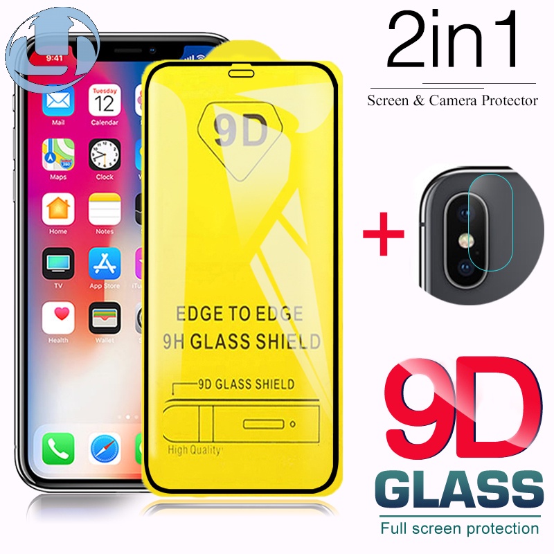 Kính bảo vệ 2 trong 1 9D HD Full Cover cho iPhone 6 6s 7 8 Plus SE 2020 Bảo vệ màn hình cho iPhone X XR XS 11 12 Pro Kính máy ảnh ống kính tối đa