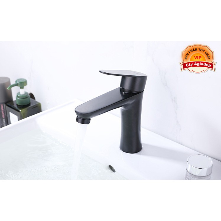 Vòi lavabo 1 trụ tròn cần thẳng SUS304 (Màu đen) + 2 dây cấp - Cao cấp ITALIA