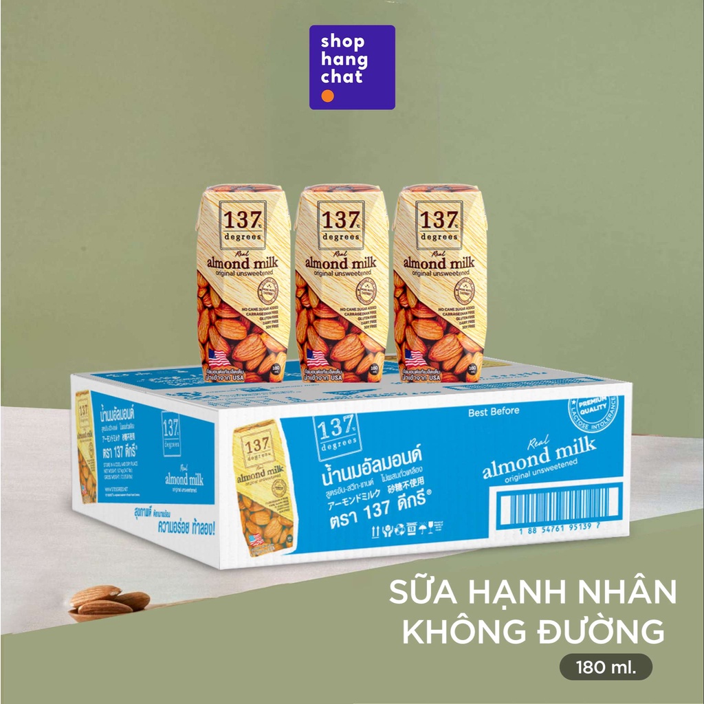 Sữa hạnh nhân Không Đường 137 DEGREES 180ml x Thùng 36 hộp, 99% từ hạt tươi