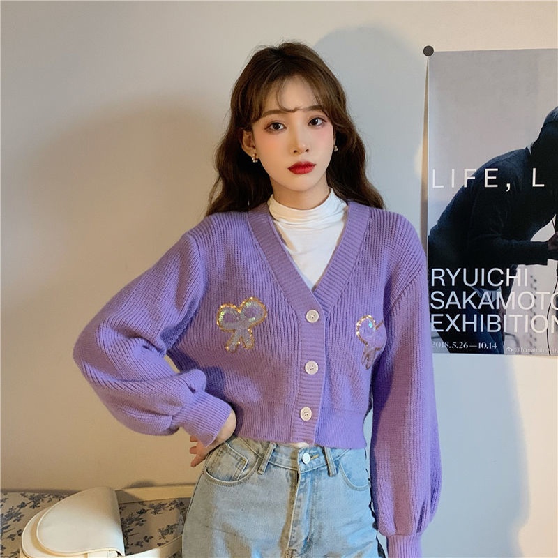 Áo Sweater Tay Dài Dáng Suông Ngắn Màu Tím Dễ Phối Đồ Thời Trang Phong Cách Hàn Quốc