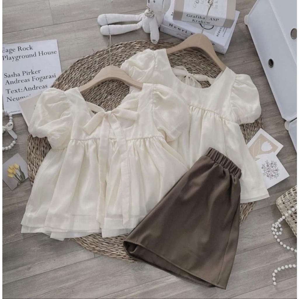 Set Áo Babydoll Voan Tơ Thắt Nơ Kèm Quần Short Nâu Ống Rộng Lưng Chun, Labibi