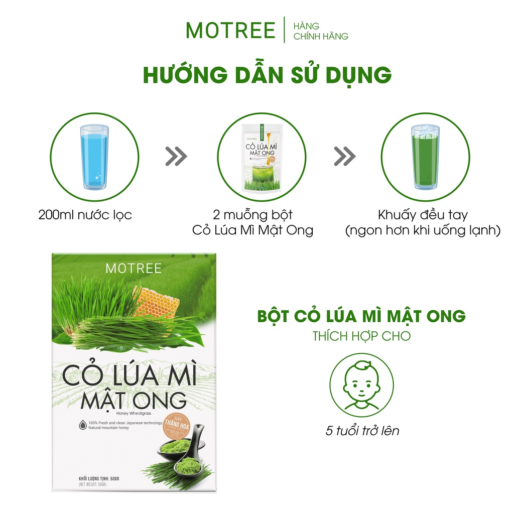 [CHÍNH HÃNG] Bột Cỏ Lúa Mì Mật Ong Motree, 50gr Detox, Giảm Cân Hiệu Quả, Cải Thiện Mụn, Da Đẹp Mịn Màng