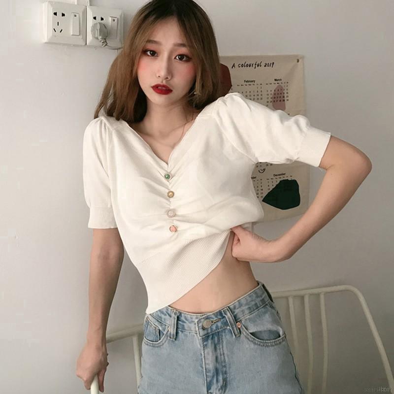 Áo Croptop Dệt Kim Tay Phồng Thiết Kế Cổ Chữ V Quyến Rũ