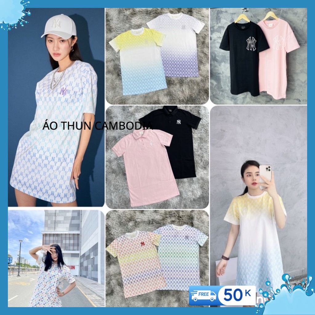 MLB Đầm Cotton Logo thêu ngưc Ngắn Tay Thời Trang Mùa Hè Năng Động