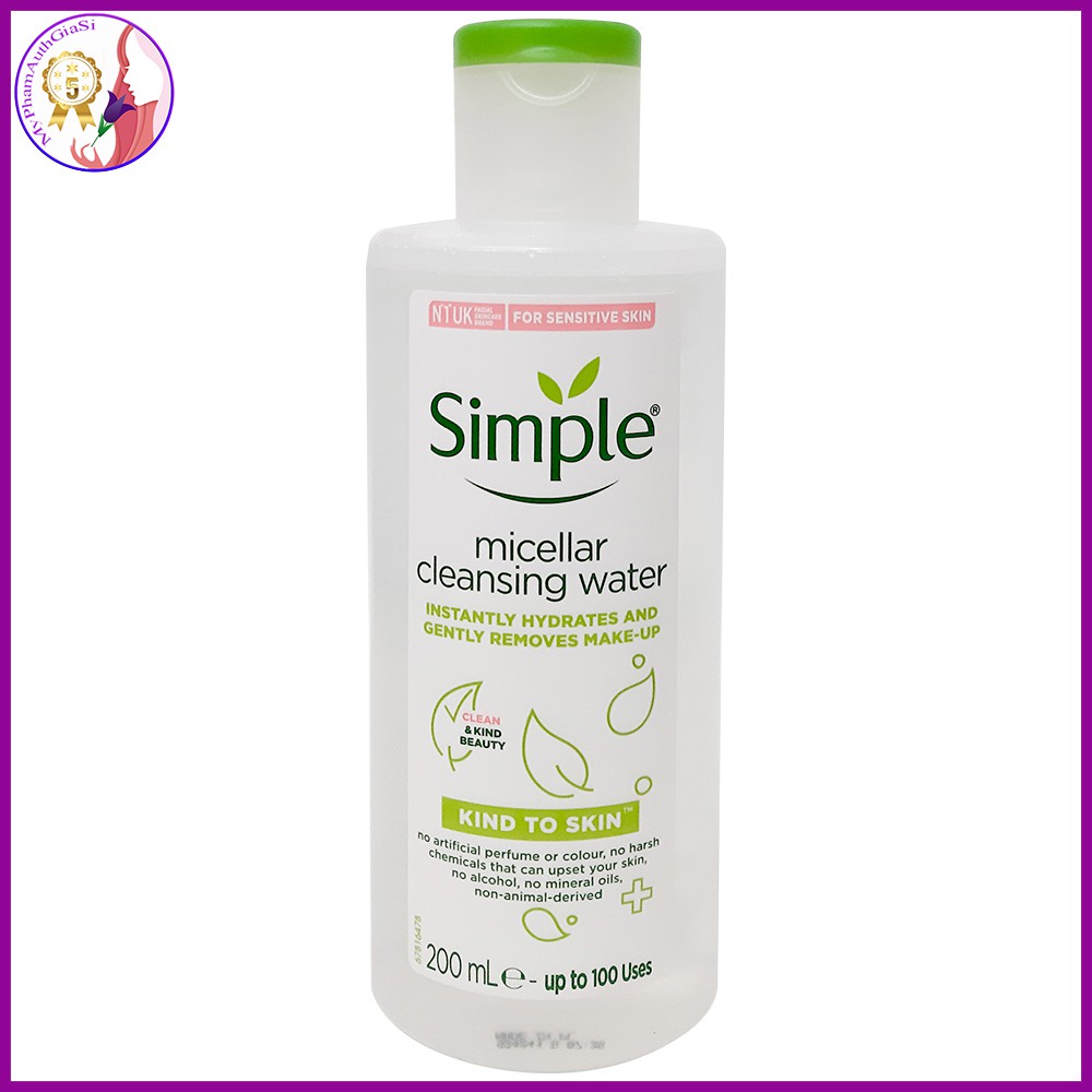 Nước tẩy trang Simple Micellar Cleansing Water dưỡng ẩm và làm sạch da 200ml Anh