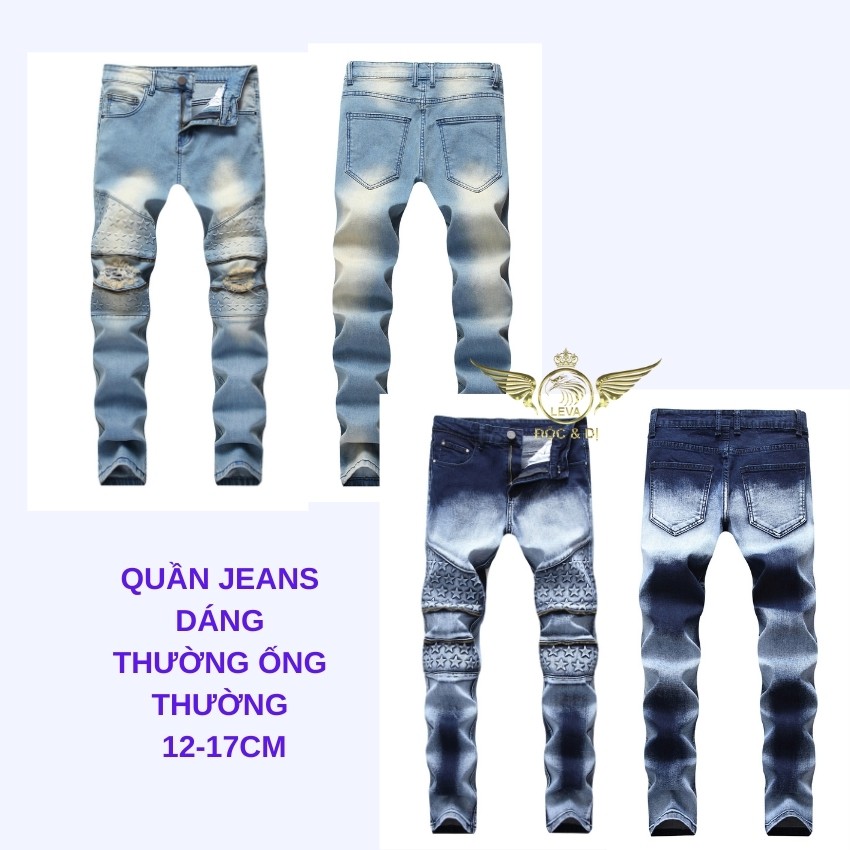 Quần jean nam rách vá gối đẹp độc lạ LEVAMEN chất liệu vải bò jeans co giãn 4 chiều rocker nhăn gối vân hình sao QJ016 | BigBuy360 - bigbuy360.vn