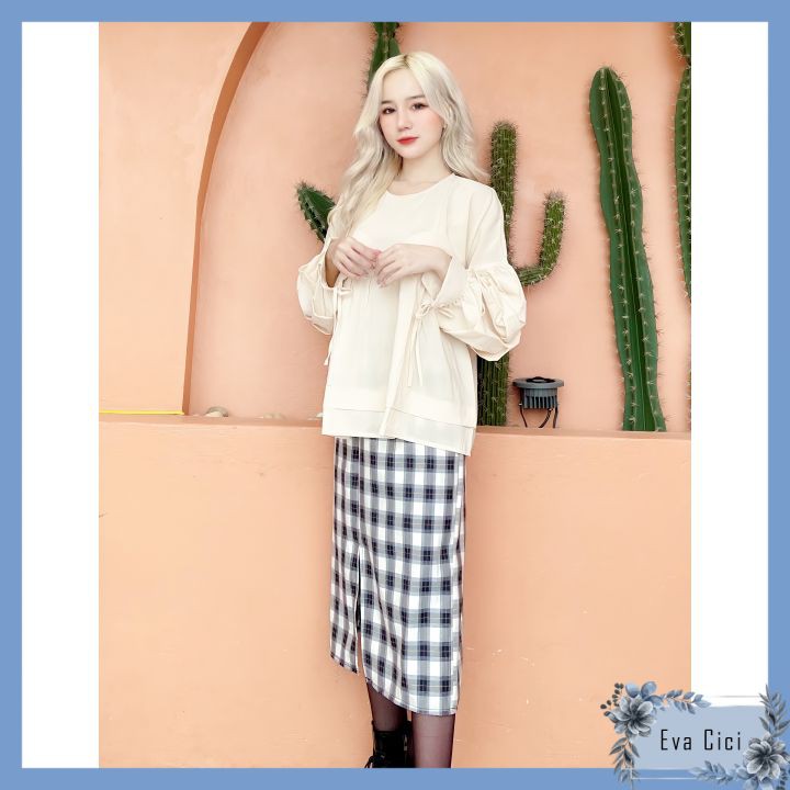 {EVACICI} Chân váy bút chì kẻ xẻ tà 2 lớp dáng dài, chân váy dài kẻ xẻ vạt (Ảnh thật mẫu nhà mình tự chụp tự quay) | BigBuy360 - bigbuy360.vn