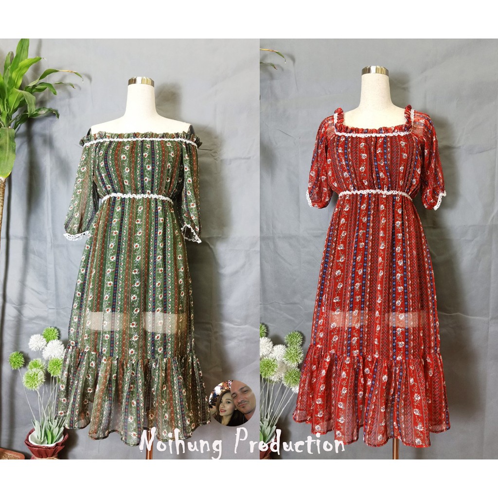 ĐẦM VÁY MAXI VINTAGE HỌA TIẾT HOA ĐUÔI CÁ DÁNG DÀI XÒE TRỄ BẸT HỞ VAI CỔ CHỮ U ĐẸP XỊN RẺ TEEN TRẺ TRUNG BIGSIZE M L XL