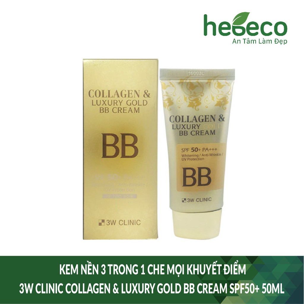 Kem nền 3 trong 1 che mọi khuyết điểm 3W Clinic Collagen & Luxury Gold BB Cream SPF50+  50ml - Hàn Quốc Chính Hãng