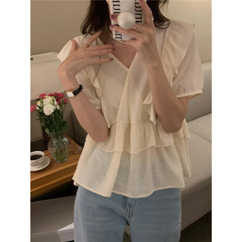 Áo Sơ Mi Nữ Cổ Chữ V Tay Ngắn Xếp Li 51490