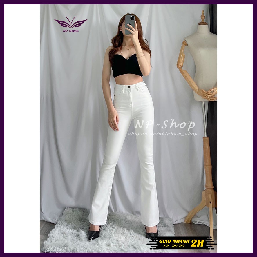Quần jean ống loe lưng cao NPSHOP màu trắng trơn dài, quần bò nữ trắng cạp cao loe nhẹ