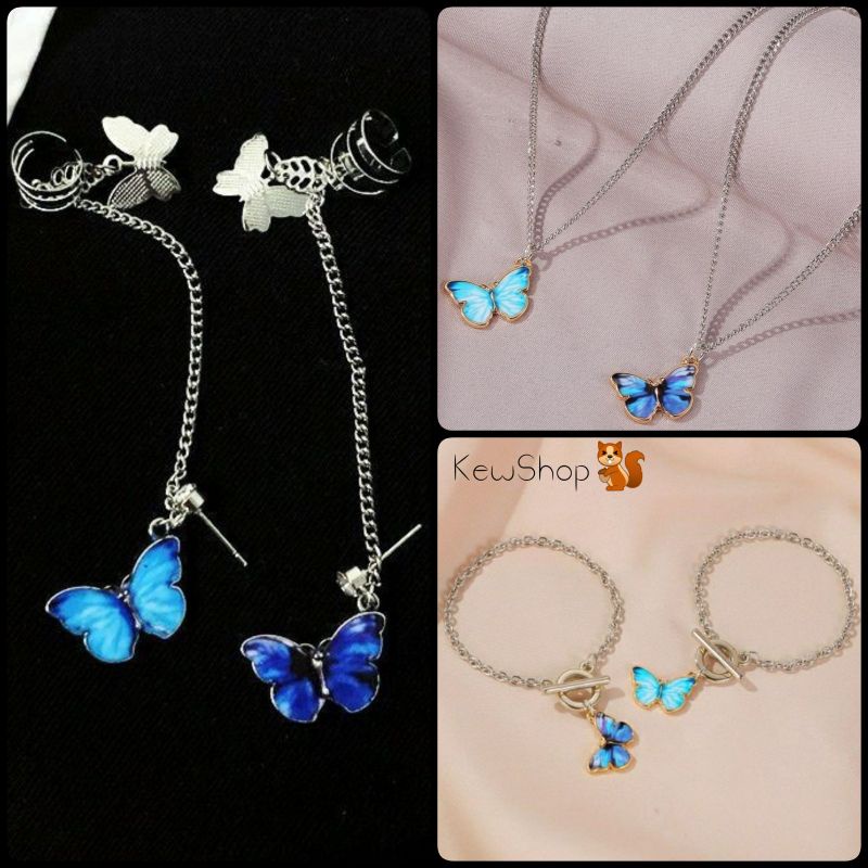 Bộ Trang Sức Bướm Xanh Xinh Xắn 🦋 (Dây Chuyền-Lắc Tay-Bông Tai)