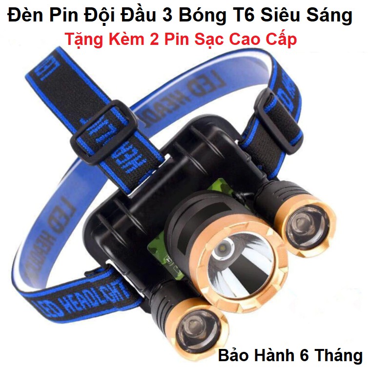 Đèn Pin Đội Đầu 3 Bóng Siêu Sáng - Đèn Pin Du Lịch - Dã Ngoại - Cắm Trại - Câu Cá - Sạc Pin - Chống Nước - Pin 10H