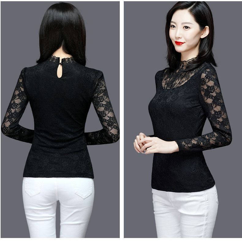 Thin / fleece bottom lace shirt Western style long-sleeved women's shirt Small shirt Spring and Autumn New temperament Big neck Large size Top T-shirt | BigBuy360 - bigbuy360.vn