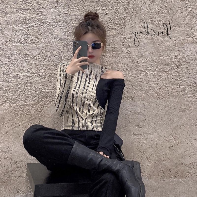 New Spring Slim Slimming off-Shoulder Top False Two-Piece Suit Patchwork Fitted Waist Bottoming Shirt