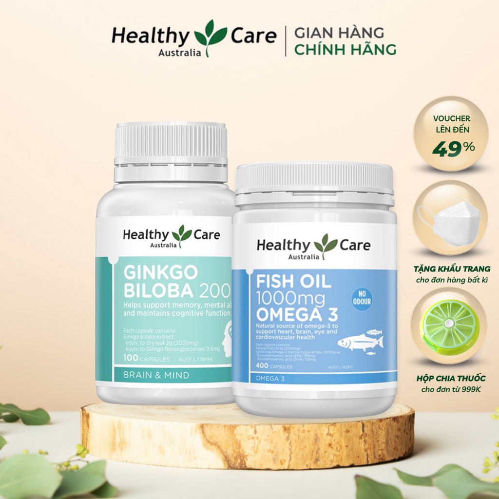 Combo Viên Uống Bổ Não Healthy Care Ginkgo Biloba 100 Viên Và Viên Uống Dầu Cá Omega 3 Healthy Care Fish Oil 400 Viên