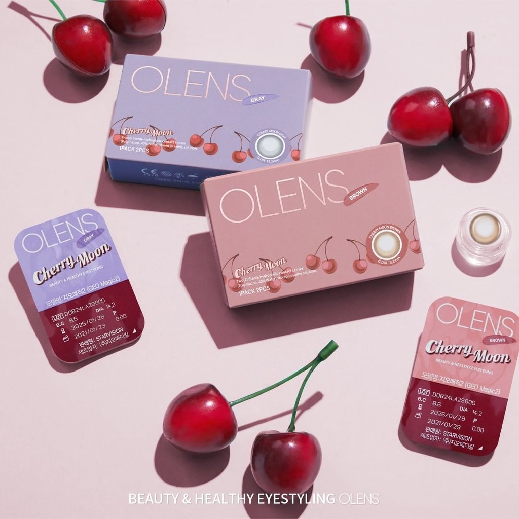 Lens 1 Tháng CHERRY MOON GRAY màu xám họa tiết mặt trăng OLENS KOREA Ẩm Cao Phù Hợp Mắt Nhạy Cảm Và Các Mẫu Trả ORDER