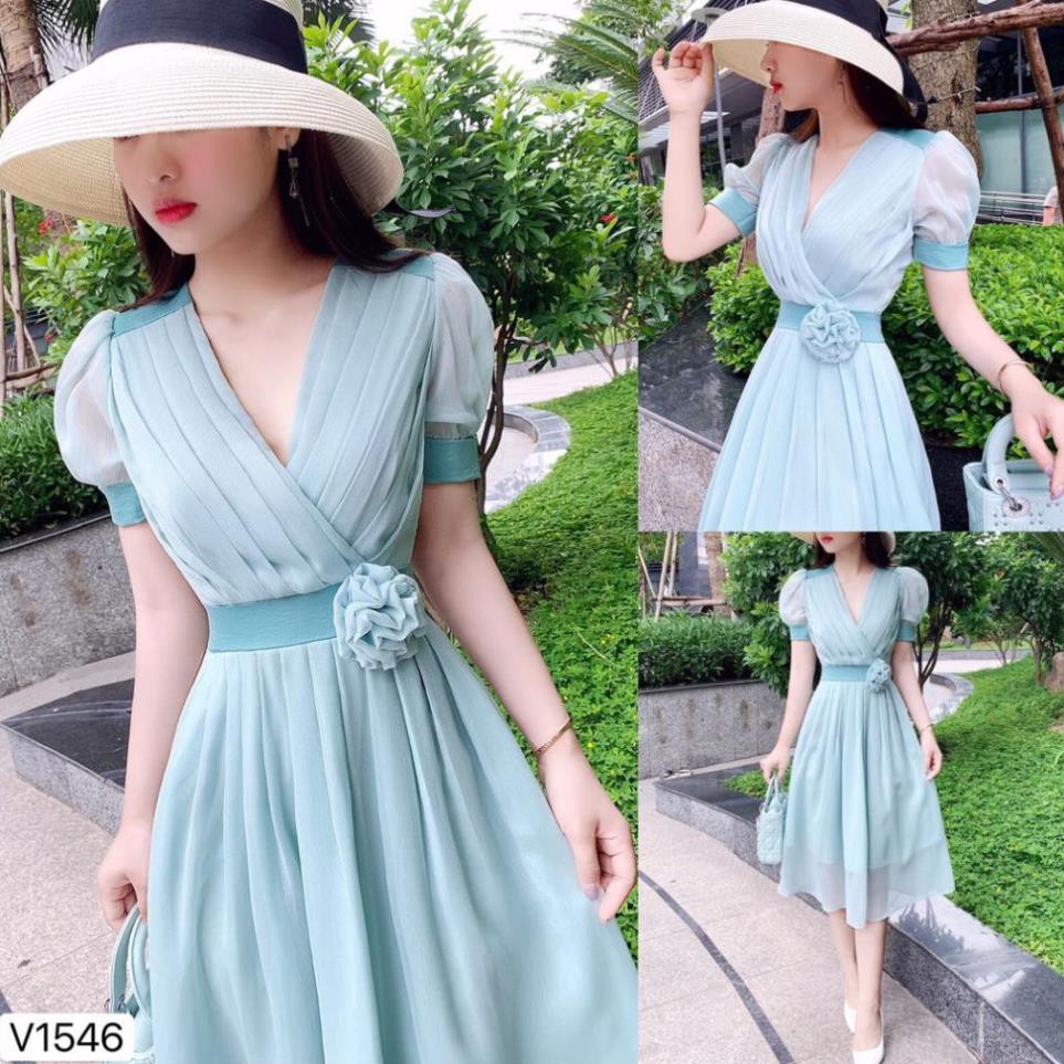 Váy nữ 💗 Đẹp DVC ❤️ Đầm xanh xếp ly V1546 | BigBuy360 - bigbuy360.vn