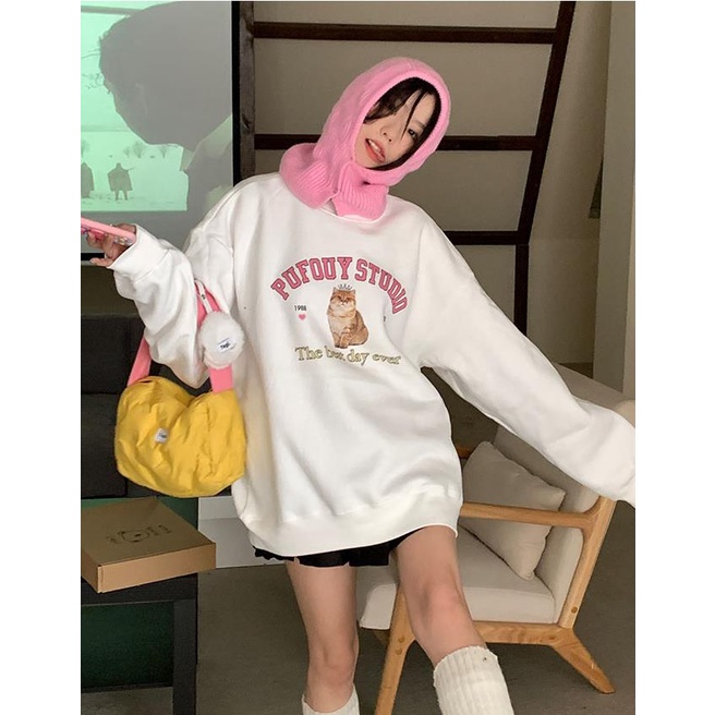 Áo sweater cổ tròn dáng rộng in hình mèo đáng yêu xinh xắn thời trang thu đông 2022