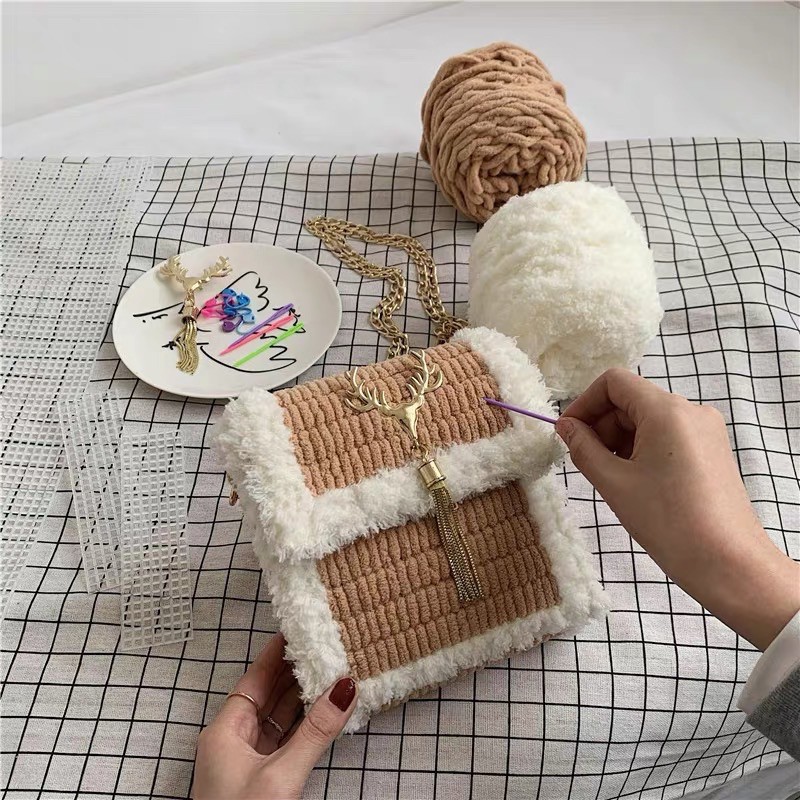 Túi Handmade Mini Viền Xù Mác Hươu ❤️ Ebi Store - Freeship ❤️ Set nguyên liệu đầy đủ tự đan DIY