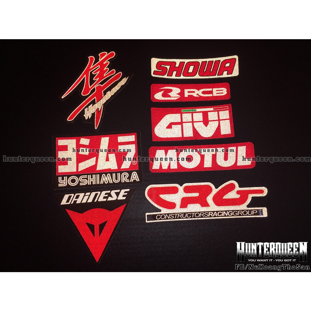 Trọn bộ 8 logo tông màu đỏ. Decal phản quang 3M của Mỹ. Sticker hình dán cao cấp chống nước, không bay màu
