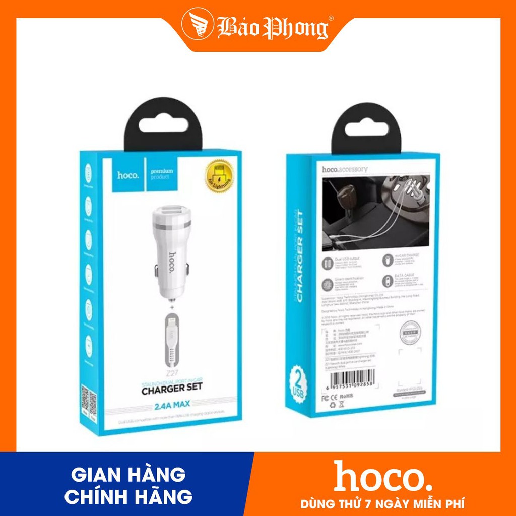 Tẩu sạc oto Hoco Z27 kèm cáp Lightning iPhone/ TypeC/ Micro 5V/2.4A