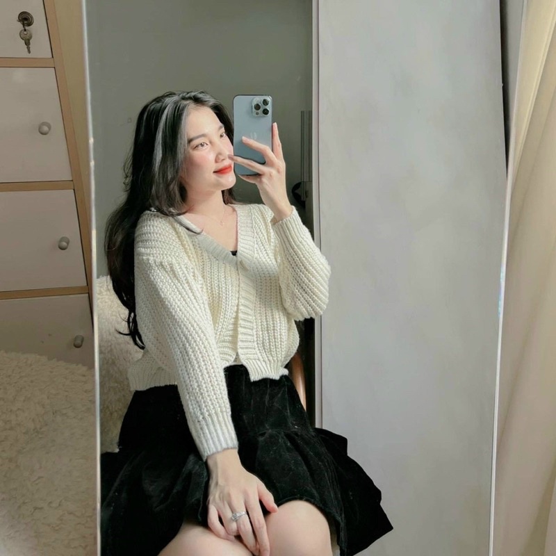Áo Khoác Cadigan Croptop Len Đan thừng nút quảng Châu