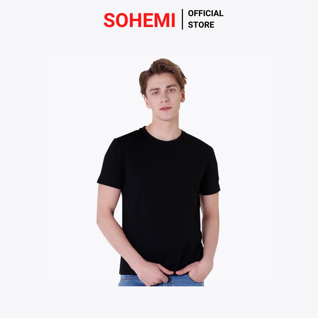 Áo thun nam màu đen cổ tròn vải cotton cao cấp co giãn 4 chiều SOHEMI