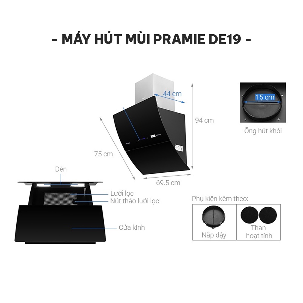 Máy hút mùi kính Vát DE19-700 máy hút mùi bếp cảm ứng điều khiển không chạm, bọ lọc than hoạt tính, hoạt động êm ái