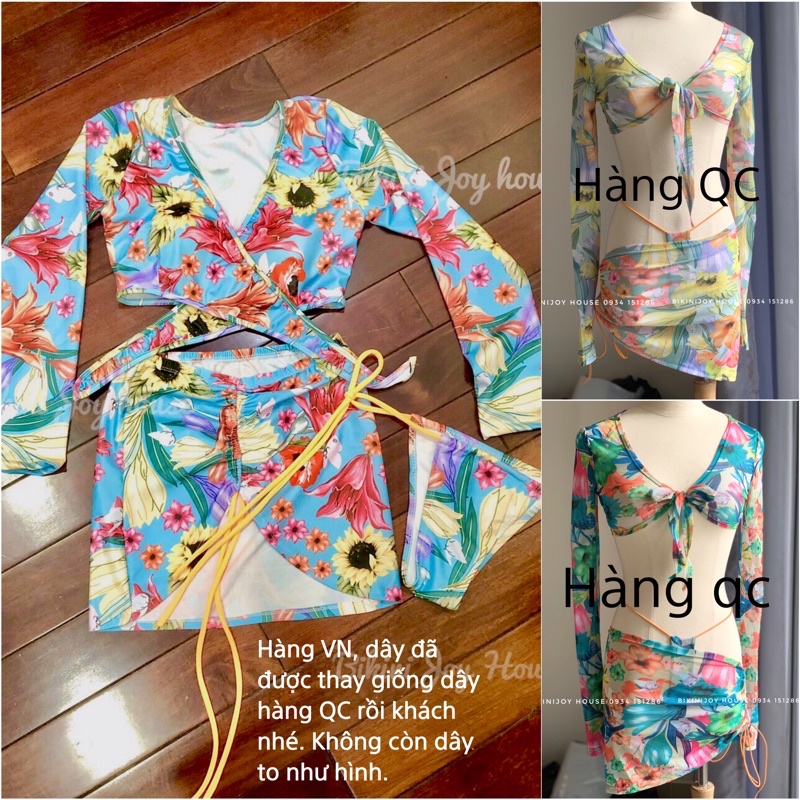 Bikini set 3 món tay dài hoa cột nơ phong cách sexy quyến rũ