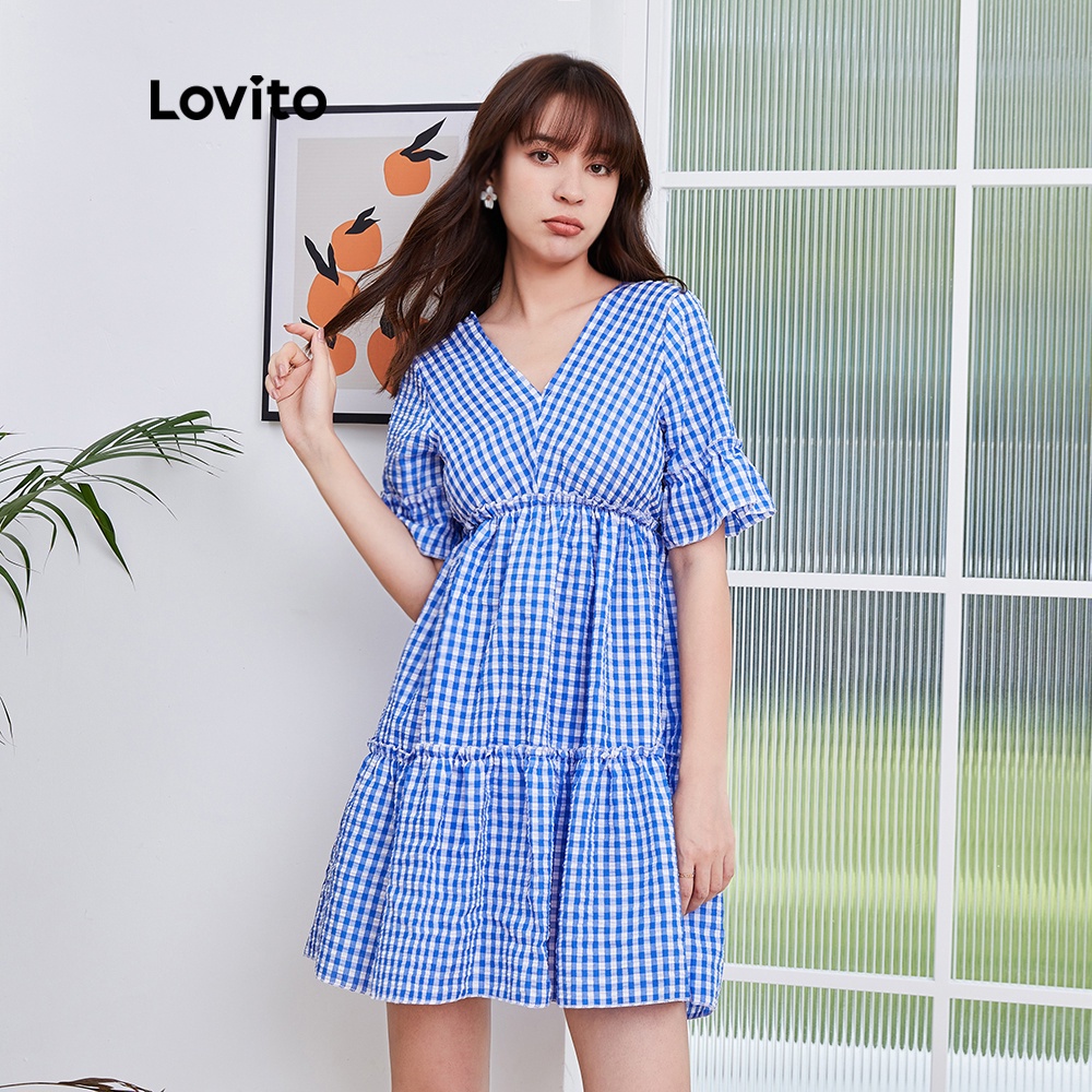 Đầm Ngắn Lovito Viền Xếp Nếp Dáng Rộng Cổ V Họa Tiết Sọc Caro Thường Ngày L04120 (Màu Vàng/Xanh Dương) | BigBuy360 - bigbuy360.vn