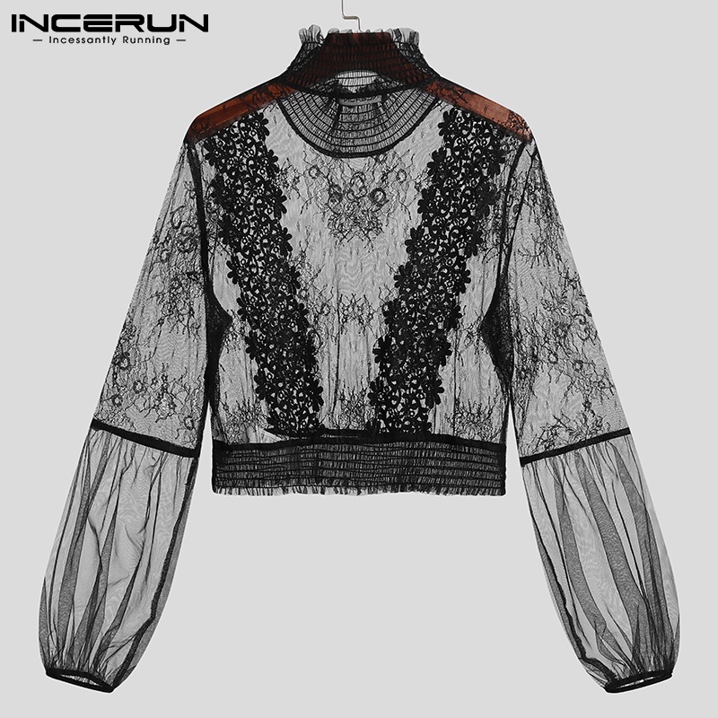 INCERUN Áo Croptop Tay Dài Phối Ren Xuyên Thấu Thời Trang Cho Nam