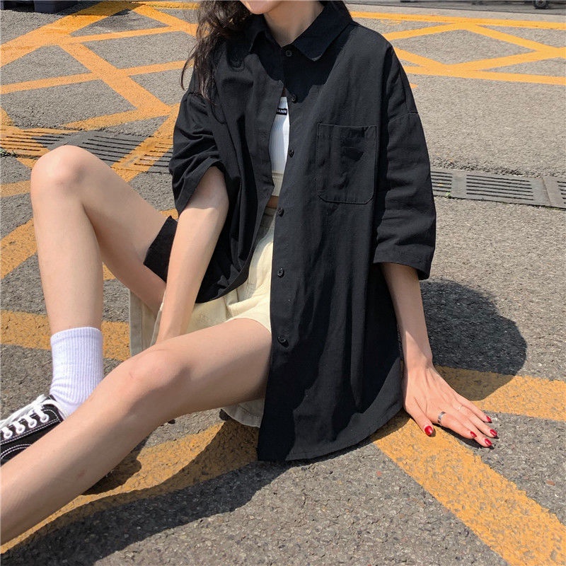 Short-sleeved sun-proof shirt embroidered outerwear student shirt college style Korean style tie loose 2021 summer women's wear 04m7