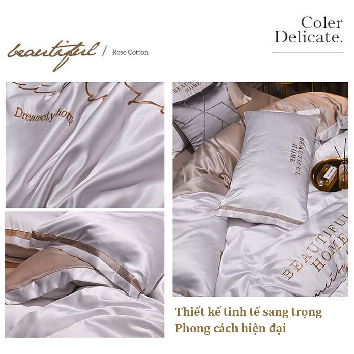 Bộ chăn ga gối phi lụa M2T BEDDING phong cách Hàn Quốc Luxury thêu chữ BeautifulHome sang trọng đủ kích thước và màu sắc