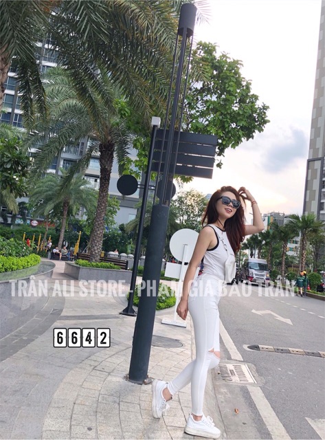 Quần jean đen trắng rách gối dáng ôm cạp cao QJ5390 - 5391 - NhiNhi Shop