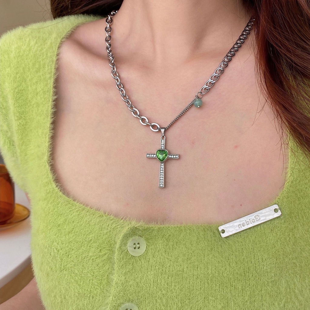 Vòng cổ Mặt Hình Thánh Giá Đính Đá Xanh Lá Thời Trang Cho Nữ