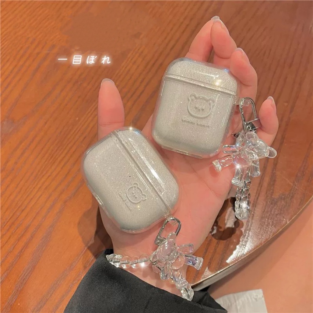 Vỏ Bảo Vệ Hộp Sạc Tai Nghe Bluetooth Không Dây AirPods 1 / 2 / 3 / Pro Trong Suốt Hình Gấu Dễ Thương Kèm Dây Đeo Tiện Dụng