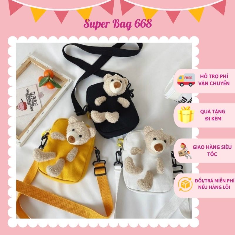 Túi Đeo Chéo Nữ❤️XẢ KHO❤️ Túi Vải Vuông Gấu Teddy Nhồi Bông Phong Cách Hàn Quốc SBP 179