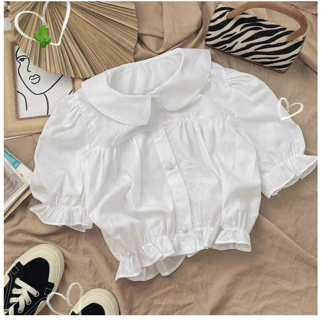 áo sơ mi nhúng cổ bèo fom croptop ngắn tay