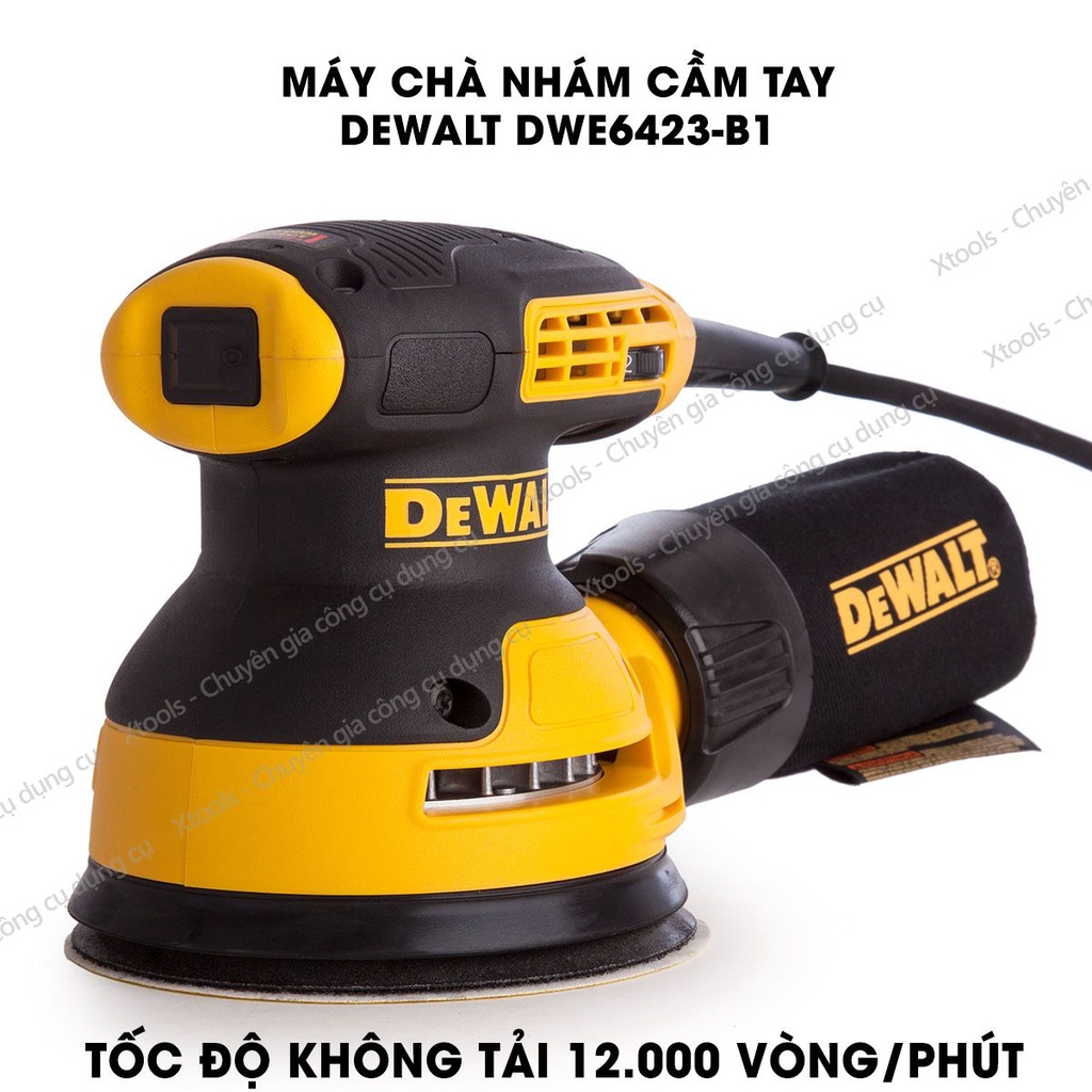 Máy chà nhám cầm tay DeWALT kèm đế chà và túi chứa bụi, đa tốc độ cơ chế tự động hút bụi nhám, vỏ máy cách điện 2 lớp