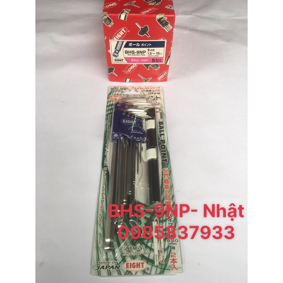 Bộ lục giác đầu bi với thanh nối dài 9 chiếc BHS-9NP Eight Nhật dùng vặn ốc chìm dễ dàng