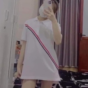 Áo polo cổ bè nữ viền chéo đỏ đen