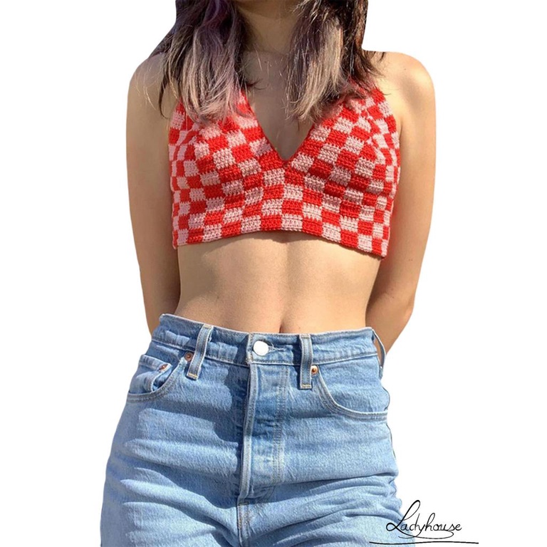 LD-Women´s Halter Crop Cami Tops, Sleeveless Self-Tie Backless Checkerboard Print Crochet Camisole