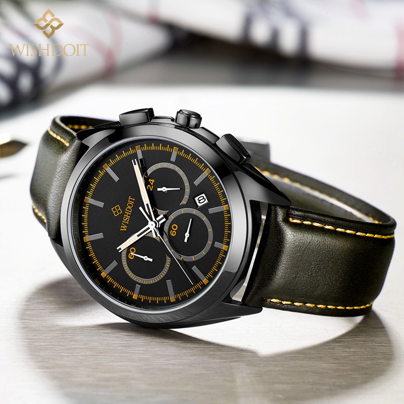 【Official product】WISHDOIT Multifunction Three-eye chronograph Sports waterproof swim watches Leisure Leather watch Popular watches Calendar luminous function Quartz watch Student personality watch Black watch