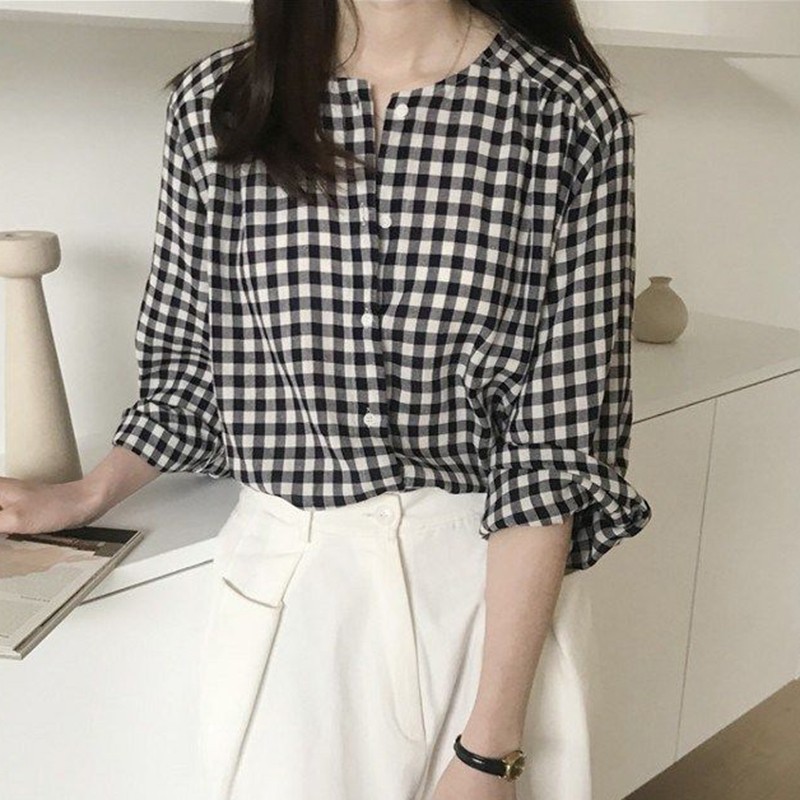 Áo sơ mi nữ tay dài kẻ sọc vuông phong cách Hàn Quốc | BigBuy360 - bigbuy360.vn