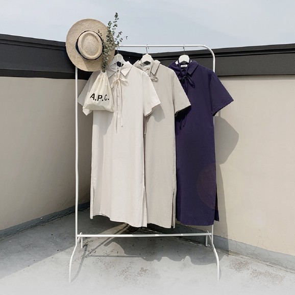 Đầm Midi 34892 Ngắn Tay Cổ Chữ V Trơn Màu Xinh Xắn