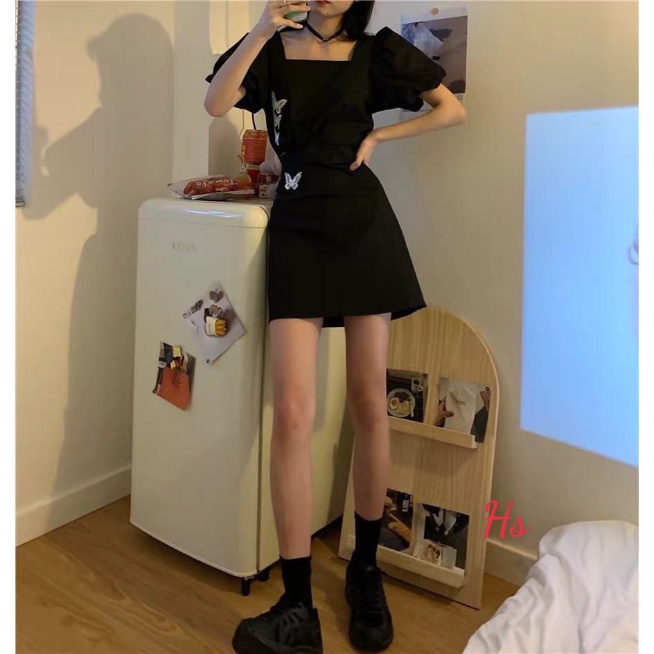 [ Mã FAMAYWA2 giảm 10K đơn 50K] Bộ Chân Váy Nữ Áo Cổ Vuông In Bướm 🦋FREESHIP🦋 Set Áo Váy Nữ Ngắn Màu Đen | BigBuy360 - bigbuy360.vn