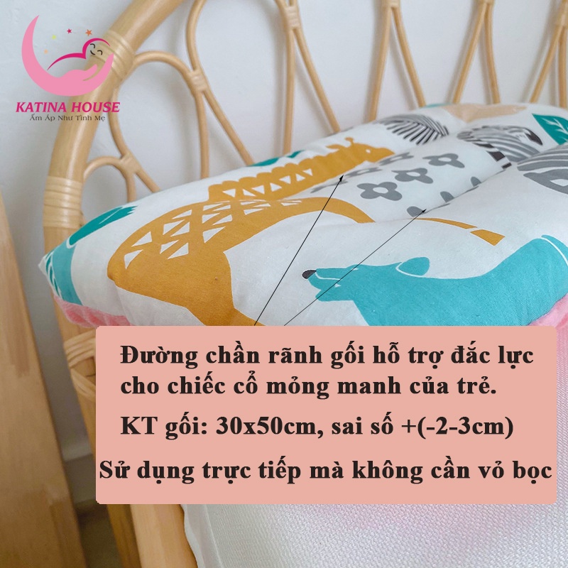 Gối cho bé bông gòn êm mềm, vải cotton phối nhung thoáng khí thấm hút tốt, phù hợp cho bé 2-10 tuổi